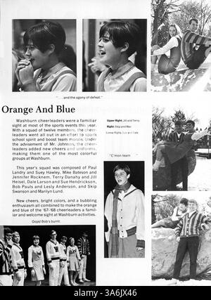 Das „68 Wahian Washburn Yearbook“ von 1968 dokumentiert das akademische und soziale Leben an der Washburn High School während des Schuljahres 1967-1968 und hebt den Einfluss afroamerikanischer Schüler auf die Kultur, die Leichtathletik und die außerschulischen Aktivitäten der Schule hervor. Stockfoto