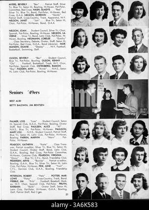 Das Jahrbuch 1949 der Patrick Henry High School präsentiert die Erfahrungen von Schülern, Clubs, Lehrkräften, Leichtathletik und Veranstaltungen aus dem Schuljahr 1948-1949. Stockfoto