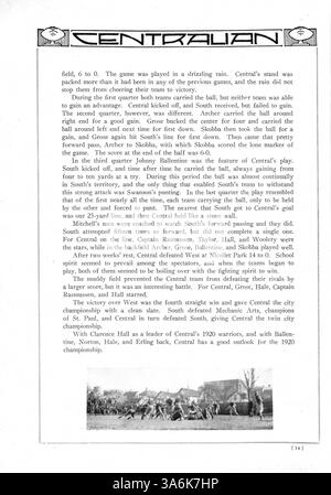 Diese Ausgabe des Jahrbuchs 1920 Centralian von der Central High School zeigt Schüler, Lehrer, Leichtathletik und Clubs, mit einem Schwerpunkt auf der afroamerikanischen Geschichte während des Schuljahres 1919-1920. Stockfoto
