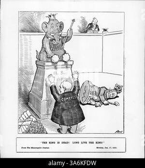 Dieser politische Zeichentrick zeigt einen Elefanten, der den GOP Caucus repräsentiert, der über die Säule triumphiert, die einst eine Statue von Speaker Cannon trug, was seine erodierende Macht im Jahr 1910 symbolisiert. Stockfoto