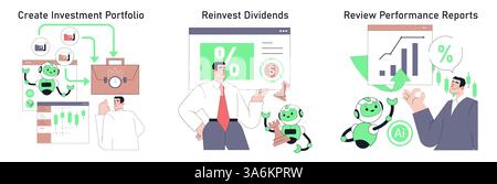 Robot Adviser unterstützt Sie bei der Verwaltung von Investitionen, der Reinvestition von Dividenden und der Überprüfung von Leistungsberichten. Ideal zur Darstellung der Rolle von Technologie bei Finanz- und Investitionsaktivitäten. Vektorabbildung. Stock Vektor