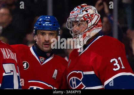 27. JANUAR 2015 : Montreal Canadiens Center Tomas Plekanec #14 gratuliert Montreal Canadiens Torwart Carey Price #31 während eines NHL-Spiels zwischen den Dallas Stars und den Montreal Canadiens im Bell Centre in Montreal, Quebec, Kanada. Die Montreal Canadiens besiegten die Dallas Stars mit 3:2. Philippe Bouchard/CSM(Bild: © Philippe Bouchard/Cal Sports Media/Cal Sport Media/ZUMAPRESS.com) Stockfoto