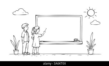 Kinder in der Nähe der Tafel in der Schule. Junge Mädchen lernen Unterrichten. Lehrstunde zum Studium von Inhalten. Skizzieren Sie handgezeichnete Vektorillustration. Stock Vektor
