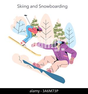 Winteraktivitäten in Aktion mit Skifahren und Snowboarden. Zwei Personen genießen die schneebedeckten Pisten und verkörpern die Spannung und Freude des Wintersports in einer malerischen Umgebung. Vektorabbildung. Stock Vektor