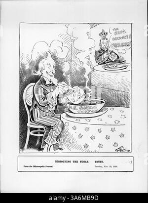 Dieser politische Zeichentrick zeigt, wie Onkel Sam den „Sugar Trust“ mit Kaffee aus den US-Gerichten auflöst. Das Bild bezieht sich auf eine Klage gegen die amerikanische Zuckerraffinerie, wie sie 1911 von der Minneapolis Morning Tribune berichtet wurde. Stockfoto