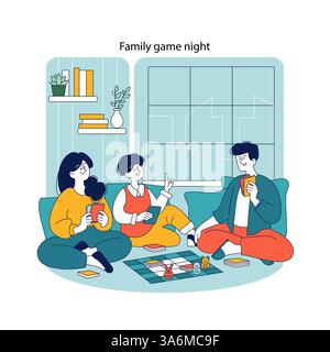 Familie genießt Brettspiel-Nacht zu Hause, dargestellt in modernem Vektorstil, für ein gemütliches und unterhaltsames Erlebnis. Stock Vektor