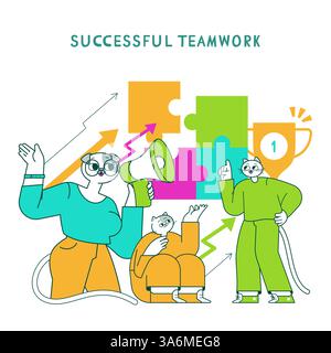 Business Cat-Thema, das Teamwork in einer verspielten Büroumgebung unterstreicht. Die Charaktere arbeiten zusammen, indem sie Symbole des Erfolgs verwenden, wie Trophäen und Puzzleteile, um Kreativität und Kommunikation zu demonstrieren. Vektorabbildung. Stock Vektor