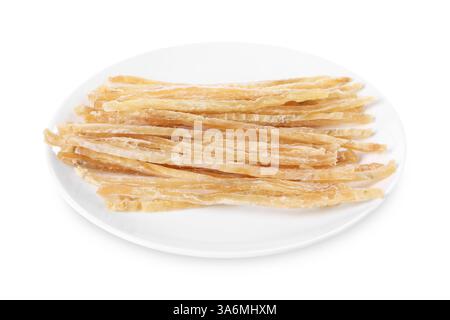 Getrockneter, geriebener Fisch, isoliert auf weiß Stockfoto