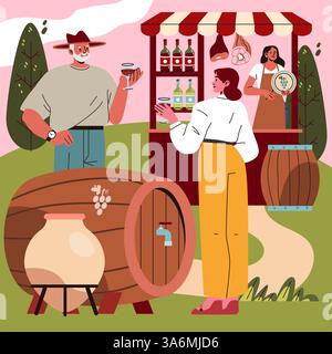 Feiern Sie den nationalen Weintag mit einer bezaubernden Illustration eines lebhaften Marktes im Freien. Zwei Personen nehmen bei Getränken Teil und präsentieren Weinfässer und -Flaschen, wodurch eine entspannte und festliche Atmosphäre entsteht. Stock Vektor