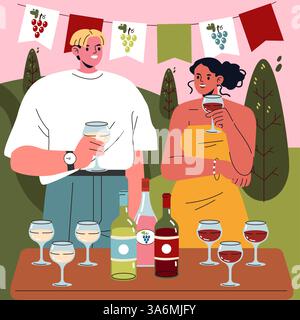 Feier zum nationalen Weintag mit Freunden, die verschiedene Weine im Freien genießen. Eine freundliche Atmosphäre mit dekorativen Bannern und einem Tisch voller Weinflaschen und Gläser. Perfekt für Versammlungen und Festlichkeiten. Stock Vektor