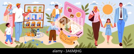 Die Frühstücksszene mit der Familie veranschaulicht eine fröhliche Morgenroutine. Eltern und Kinder kaufen Lebensmittel ein, packen Lunchboxen ein und genießen eine schöne Zeit im Freien. Wir feiern gesunde Ernährung und Familienbindung. Vektorabbildung. Stock Vektor