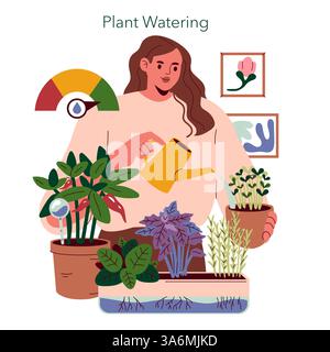 Die Illustration zeigt eine Person, die mit der Bewässerung von Pflanzen beschäftigt ist, umgeben von verschiedenen Topfpflanzen, und betont die Bedeutung der Pflege von Grün. Hebt eine Wasseranzeige für optimale Hydration hervor. Vektorabbildung. Stock Vektor