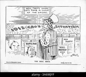 Ein politischer Zeichentrick zeigt Onkel Sam, wie er einen Zaun beobachtet, der in Schlagzeilen verdeckt ist. In der Szene kommentiert er die Erntesituation von 1912 und weist darauf hin, dass die Anbaubedingungen zwar vielversprechend aussahen, die politischen Fragen jedoch noch ungewiss seien. Die Minneapolis Tribune berichtete von günstigen Erntevorhersagen. Stockfoto