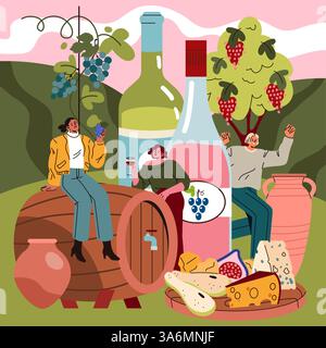 Feierlichkeiten zum nationalen Weintag mit Freunden, die Wein, Trauben und Käse in einer malerischen Weinberge genießen. Eine fröhliche Atmosphäre, bereichert durch Natur und traditionelle Elemente der Weinherstellung. Vektorabbildung. Stock Vektor