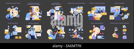 KI für die globale Unternehmenstransformation. Die Integration weltweiter Systeme verbessert das Projektmanagement, die Kundenerfahrung und die Skalierbarkeit. Automatisierung optimiert Prozesse und unterstützt Mehrkanal-Vorgänge. Vektorabbildung. Stock Vektor