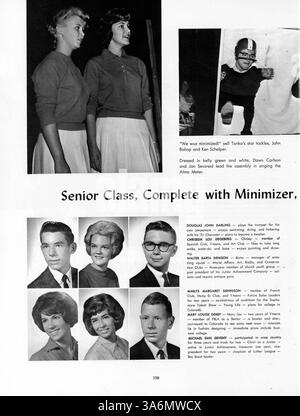 Die 1963 erschienene Ausgabe des Jahrbuchs der Edina-Morningside High, bekannt als Whigrean, dokumentiert die wichtigsten Ereignisse, Vereine, Schülergruppen und Sportmannschaften des Schuljahres 1962-1963 in Edina, Minnesota. Stockfoto