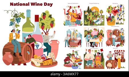 Das Konzept der Feier zum Nationalfeiertag umfasst Szenen der Weinherstellung, Verkostung und Aktivitäten im Weinberg im farbenfrohen Cartoon-Stil. Stock Vektor