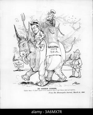 Der politische Zeichentrick zeigt Uncle Sam auf einer Eisenbahnstrecke mit Figuren wie Tillman und Roosevelt, die für eine Railroad Rate Regulation plädieren, was die politische Unterstützung für das Gesetz von Demokraten und einigen Republikanern unterstreicht. Stockfoto