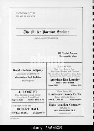 Das Jahrbuch 1940 Antler der Minnehaha Academy bietet einen Überblick über das akademische Jahr 1939-1940 und hebt die Schüler, Lehrkräfte, Leichtathletik und Studentenclubs der Schule hervor. Stockfoto