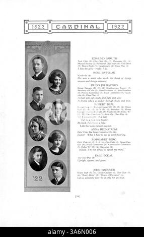 Die Ausgabe 1922 des Jahrbuchs „The Cardinal“ der East High School zeigt wichtige Veranstaltungen, Studentenclubs, Sportmannschaften und Lehrkräfte des akademischen Jahres 1921-1922 in Minneapolis. Stockfoto
