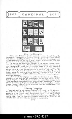 Die Ausgabe 1922 des Jahrbuchs „The Cardinal“ von der East High School dokumentiert die Aktivitäten der Schüler, Lehrkräfte, Sportmannschaften und Clubs, die das akademische Jahr 1921-1922 in Minneapolis geprägt haben. Stockfoto