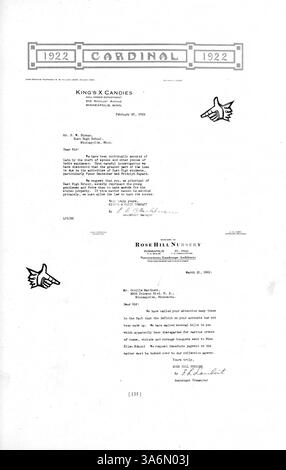 In dieser Ausgabe des Jahrbuchs „The Cardinal“ der East High School aus dem Jahr 1922 werden Schüler, Dozenten, Leichtathletik, Schulclubs und wichtige Veranstaltungen aus dem Schuljahr 1921-1922 in Minneapolis vorgestellt. Stockfoto