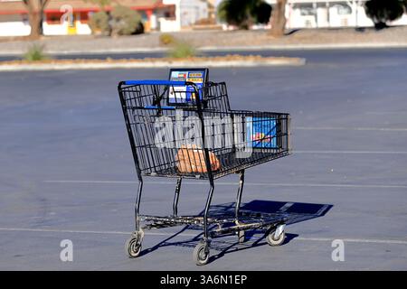 Ein leerer Einkaufswagen liegt mitten auf einem verlassenen Parkplatz, in hellem Sonnenlicht getaucht. Eine minimalistische urbane Szene, die den Alltag widerspiegelt. Stockfoto