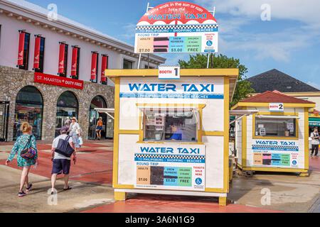 Philipsburg Sint St. Saint Maarten, Great Bay, Kreuzfahrthafen, Harbour Harbor Point Village, Wassertaxistand 1 Stand 2, Ticketkiosk Service Schalter, Stockfoto
