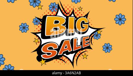 Bild eines großen Verkaufstextes über Vintage-Sprechblase und Blumen im Hintergrund. Retro-Sales-, Einzelhandels- und Sparkonzept digital generiertes Bild. Stockfoto