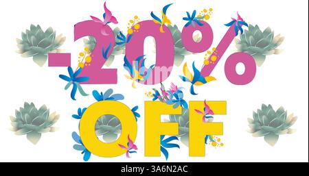 Bild mit 20 % Rabatt auf Text über Blumen im Hintergrund. Retro-Sales-, Einzelhandels- und Sparkonzept digital generiertes Bild. Stockfoto