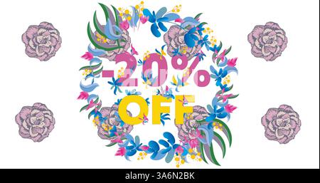 Bild mit 20 % Rabatt auf Text über Blumen im Hintergrund. Retro-Sales-, Einzelhandels- und Sparkonzept digital generiertes Bild. Stockfoto