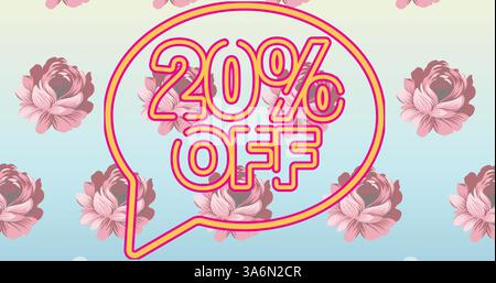 Bild mit 20 % Rabatt auf Text in Sprechblase über Blumen im Hintergrund. Retro-Sales-, Einzelhandels- und Sparkonzept digital generiertes Bild. Stockfoto