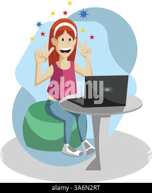 Glückliches Mädchen mit Laptop Social-Media-Vektor Stock Vektor