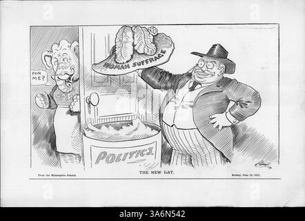 Ein politischer Zeichentrick zeigt Theodore Roosevelt, der vor dem Haus eines G.O.P. Elefanten steht und einen Hut mit der Aufschrift „Frauenwahlrecht“ hält. Der Elefant, als Frau verkleidet, stellt Roosevelts Unterstützung in Frage und deutet darauf hin, dass es sich um eine politische Bewegung handelt. Die Minneapolis Tribune hatte kürzlich einen Leitartikel veröffentlicht, in dem er seine Aufrichtigkeit über das Frauenwahlrecht in Frage stellte. Stockfoto