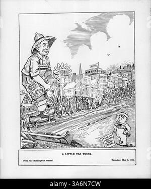 Dieser politische Zeichentrick zeigt, wie der Minneapolis Council ein Saloongras aus einer Reihe von Saloongebäuden zieht, was die Bemühungen symbolisiert, die Anzahl der Saloons in der Stadt zu reduzieren. Stockfoto