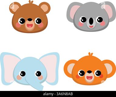 Set mit niedlichen Tierköpfen. Zeichentrickfiguren. Satz Aufkleber Stock Vektor