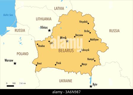 Karte von Belarus mit großen Städten und Nachbarländern Stockfoto