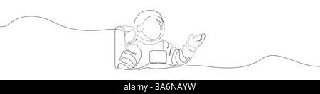 Einzeiliger Vektor-Hintergrund des Kosmonauten-Symbols. Space-Symbol. Fortlaufende Umrisse eines Mannes in einem Raumanzug. Stock Vektor