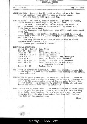 Das offizielle Bulletin der Minneapolis Public Library 1927 wurde entwickelt, um die Mitarbeiter über die neuesten Entwicklungen und wichtigen Ereignisse innerhalb des Bibliothekssystems auf dem Laufenden zu halten. Stockfoto