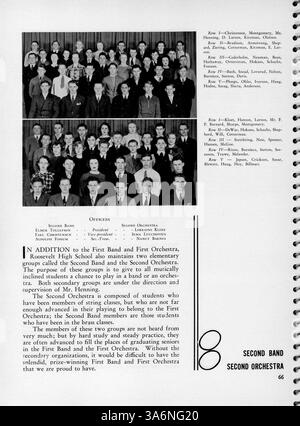Die Ausgabe 1936 des Jahrbuchs „Sagamore“ an der Roosevelt High School dokumentiert die Schüler, Lehrer, Sportmannschaften, Vereine und wichtige Ereignisse aus dem akademischen Jahr 1935-1936. Stockfoto