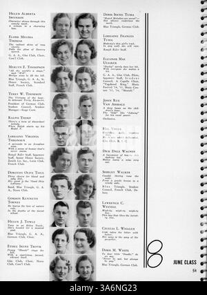 Die Ausgabe 1936 des Jahrbuchs „Sagamore“ der Roosevelt High School beschreibt die Aktivitäten der Schüler, Sport, Vereine, Lehrkräfte und Veranstaltungen des Schuljahres 1935-1936. Stockfoto