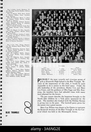 Die Ausgabe des Jahrbuchs „Sagamore“ von der Roosevelt High School aus dem Jahr 1936 fängt wichtige Momente aus dem Schuljahr 1935-1936 ein und zeigt Schüler, Lehrer, Leichtathletik und Vereine. Stockfoto
