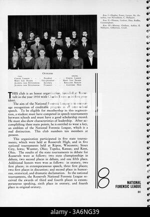 Diese Ausgabe des Jahrbuchs „Sagamore“ von der Roosevelt High School 1936 dokumentiert Schüler-, Dozenten-, Club- und sportliche Aktivitäten sowie wichtige Ereignisse aus dem Schuljahr 1935-1936. Stockfoto