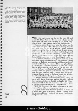 Diese Ausgabe des Jahrbuchs „Sagamore“ von 1936 dokumentiert das akademische Jahr an der Roosevelt High School und zeigt Studenten, Dozenten, Clubs, Leichtathletik, und bemerkenswerte Schulereignisse von 1935 bis 1936. Stockfoto