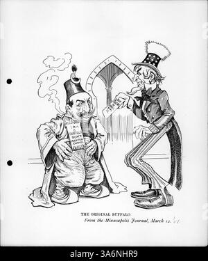 Dieser politische Zeichentrick zeigt, wie Onkel Sam den Sultan des Osmanischen Reiches konfrontiert, der sich humorvoll weigert, Amerika Schulden zu zahlen, unter dem Anspruch, ein „Büffel“ zu sein – ein Symbol für Sturheit und Schuldenverweigerung. Stockfoto