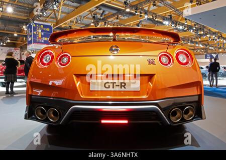 Nissan GT-R Sportwagen auf der Brüsseler Autosalon Motor Show. Belgien - 10. Januar 2018. Stockfoto