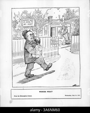 In diesem Zeichentrick der Minneapolis Morning Tribune kommentiert ein Mann, der als Mitglied des Tariff Board identifiziert wurde, seine Unsicherheit hinsichtlich des Ergebnisses einer Aneignung für die Ermittlungsarbeit über Zölle durch den Senat, nachdem der Senat 225.000 Dollar zugewiesen hatte. Stockfoto