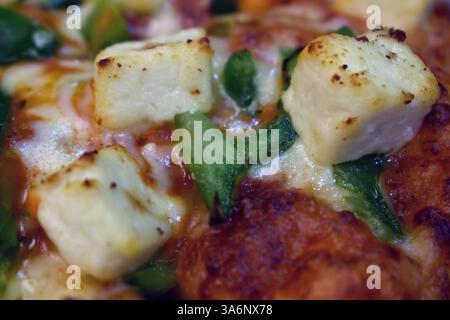 Paneer Pizza ist eine indische Version italienischer Gerichte mit Cottage Cheese, serviert auf einem Teller mit weißer Sauce. Selektiver Fokus Stockfoto