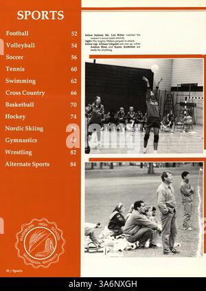 Dieses Wahian Jahrbuch 1987 von der Washburn High School bietet eine Momentaufnahme des Schülerlebens, sportlicher Aktivitäten, Clubs und Beiträge der Lehrkräfte während des Schuljahres 1986-1987. Stockfoto