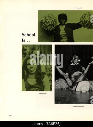 Das Jahrbuch 1972 der Patrick Henry High School beleuchtet wichtige Ereignisse aus dem Schuljahr 1971-1972, darunter Leichtathletik, Schülerorganisationen und die Geschichte der afroamerikanischen Schule. Stockfoto